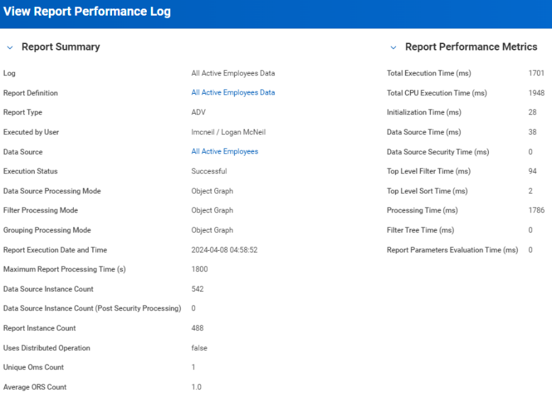 View Report Performance Log