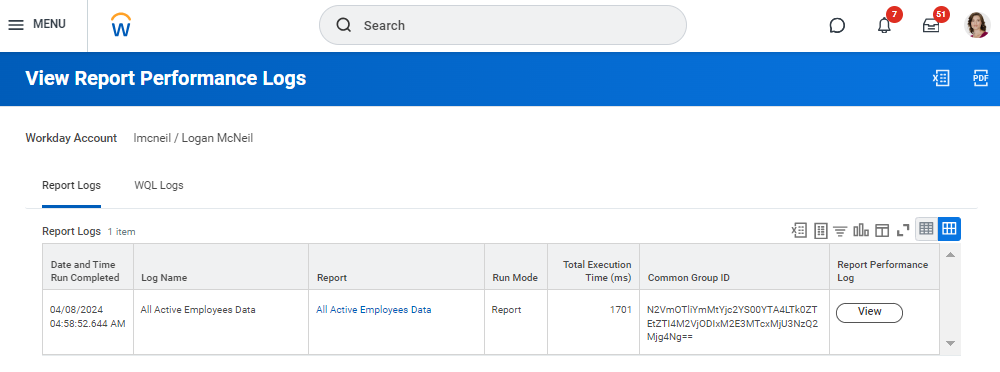 Workday View Report Performance Logs