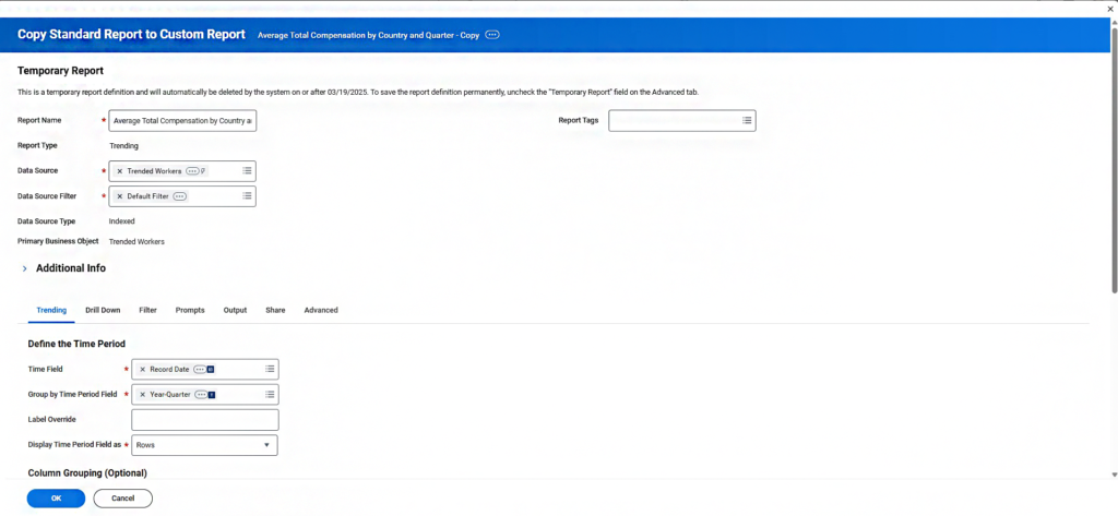 Copy standard report to custom report: Average total compensation